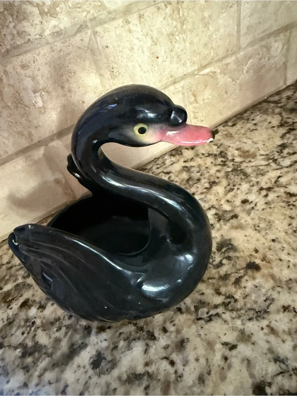 Black Ceramic Swan Figurine with Pink Beak